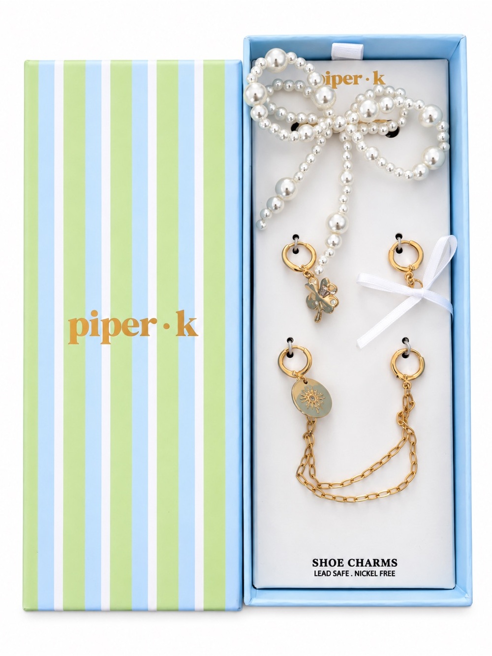 Piper Pearl Bow and Gold Charm Shoe Set - White and Gold